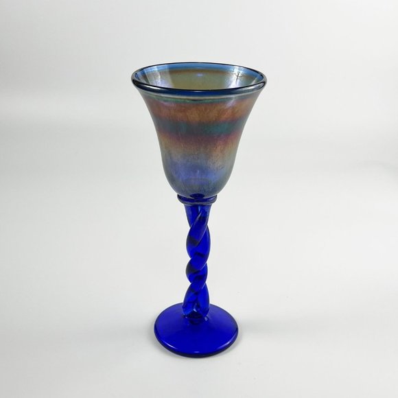 Rick Strini Studio Art Glass Iridescent Cobalt Blue Water Wine Goblet Twisted St - Picture 4 of 8